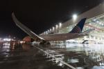Image of United 787-9 Dreamliner at night in front of hangar