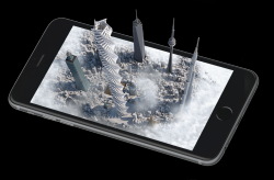 iPhone with 3-D image of towers displaying on screen